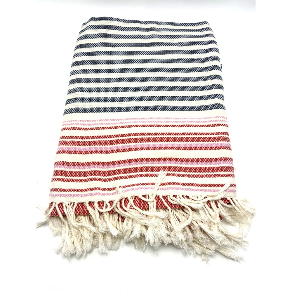 J Jill Tassel Cotton Oversize Striped Blanket Shawl Throw Fringe 70 X 48" Beach